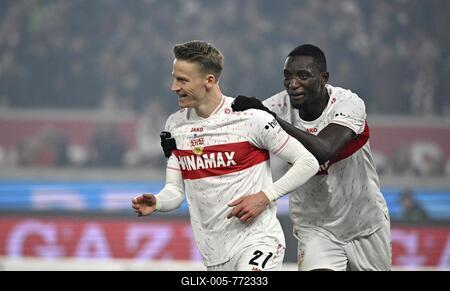 Goal celebration Chris Führich VfB Stuttgart (27) and Serhou Guirassy VfB Stuttgart (09) MHPArena, MHP Arena Stuttgart, Baden-Württemberg, Germany-stock-foto