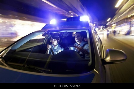 Police patrol car driving with flashing lights and sirens, Germany, Europe-stock-foto