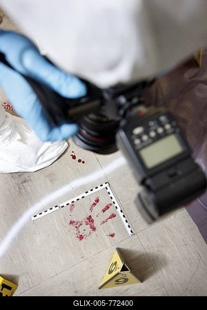 Photographic securing of forensic evidence, by officer of the C.I.D., the Criminal Investigation Department, gathering forensic evidence at the scene of a crime, after a capital offence, homicide, re-enacted scene-stock-foto