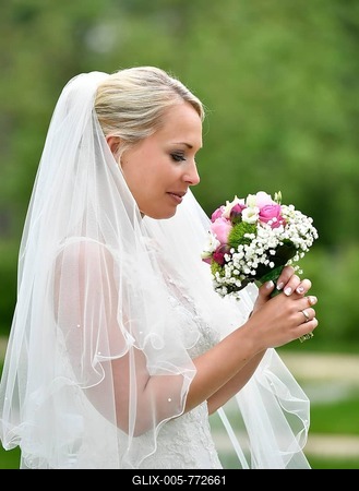 Bride in wedding dress with veil looking at bridal bouqet, Germany-stock-foto