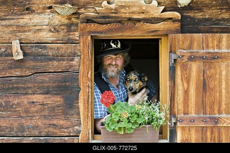 Mountain farmer looking out of the window of his hut, Christian Platzgummer, Eng-Alm Alp, Karwendel Mountains, Tyrol, Austria, Europe-stock-foto