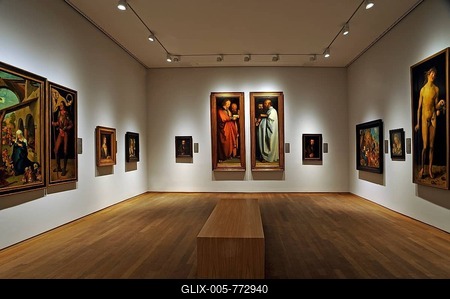 Exhibition space with replicas of famous paintings by Albrecht Duerer, Albrecht Duerer House, historic center, Nuremberg, Middle Franconia, Bavaria, Germany-stock-foto