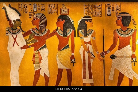 King Tutankhamun embraces the god of the dead Osiris, followed by his Ka, symbol of vitality, Tutankhamun's burial treasures, world archaeological sensation, replicas, Valley of the Kings, most famous burial site in the world, Luxor, Thebes West, Egypt, Luxor, Thebes, West, Egypt-stock-foto