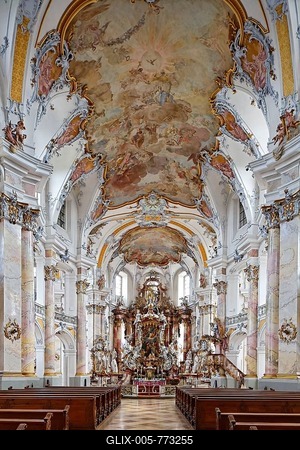 Nave with chancel and frescoed ceilings, baroque pilgrimage church, Basilica of the Fourteen Holy Helpers, Bad Staffelstein, Upper Franconia, Franconia, Bavaria, Germany-stock-foto