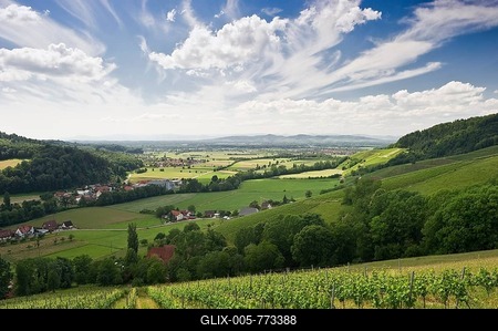 Rhine Valley with Mt Kaiserstuhl, Vosges Mountains at back, north of Freiburg im Breisgau, Black Forest, Baden-Wuerttemberg, Germany, Europe-stock-foto