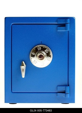 Small blue toy safe with a combination lock, for use as a piggy bank-stock-foto