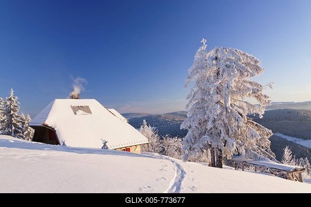 Snow-covered cottage on the Belchen summit with a view to the Feldberg, Black Forest, Baden-Wuerttemberg, Germany, Europe-stock-foto
