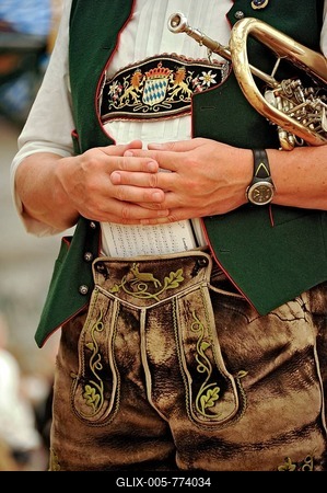Musician of a Bavarian brass band wearing a traditional Bavarian costume with leather pants or lederhosen, altes Festzelt beer tent, Oktoberfest festival, Munich, Upper Bavaria, Bavaria, Germany, Europe-stock-foto