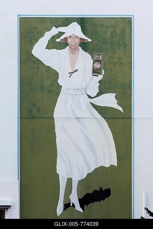 White woman, Persil woman, historical advertising figure, mural at Henkel headquarters, Düsseldorf-Holthausen, North Rhine-Westphalia, Germany-stock-foto