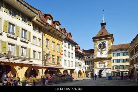 Main street and Berntor tower gate, Murten, Canton of Fribourg, Switzerland-stock-foto
