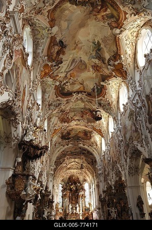Aisle with ceiling frescoes by Matthaeus Guenther in the Parish Church of the Nativity of the Virgin, Rococo style 1737-1746, Rottenbuch Abbey, Rottenbuch, Upper Bavaria, Germany, Europe-stock-foto