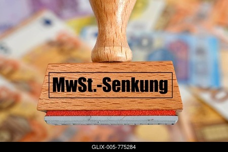 Symbolic image of VAT reduction by economic stimulus package, stamped with the words MEHRVERTSTEUERSENKUNG, Germany-stock-foto