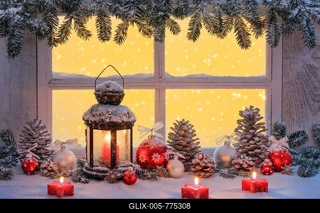 Lantern with Christmas decoration on windowsill-stock-foto