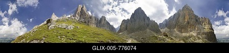 360° panoramic view of the Langkofel and Plattkofel massif near the Langkofelhuette hut, Val Gardena, province of Bolzano-Bozen, Italy, Europe-stock-foto