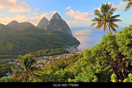 Tropical landscape with view of the village and the two Pitons, Gros Piton 770m and Petit Piton 743m, early morning sun, Soufriere, St. Lucia, Little Antilles, West Indian Islands, Caribbean Sea-stock-foto