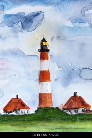 Lighthouse, Westerheversand, North Sea, North Frisia, Schleswig-Holstein, northern Germany, painted in watercolours by Gerhard Kraus, Kriftel, Germany-stock-foto