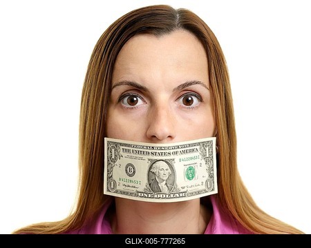 Woman silenced by money gagging her mouth-stock-foto