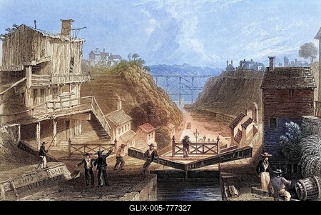 Lockport Erie Canal New York USA, After a nineteenth century print, engraved by W Tombleson after W H Bartlett, Historic, digitally restored reproduction from a nineteenth century original, Record date not stated-stock-foto