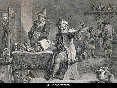 Medicine, Anatomy, Surgery, A doctor in his practice and workshop examining a urine bottle and referring to a book, c. 1700, Historic, digitally restored reproduction from a 19th century original-stock-foto