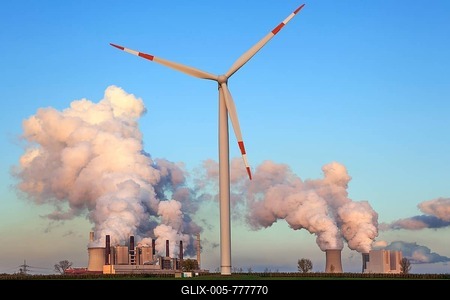 Wind turbine in the evening light, back RWE Power AG, Neurath power plant, lignite power plant, steaming chimneys, coal exit, near Neurath, Rhenish lignite mining area, North Rhine-Westphalia, Germany-stock-foto