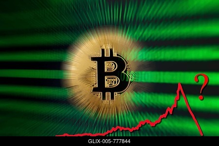 Symbol image digital currency, gold physical coin Bitcoin with stock curve and question mark-stock-foto