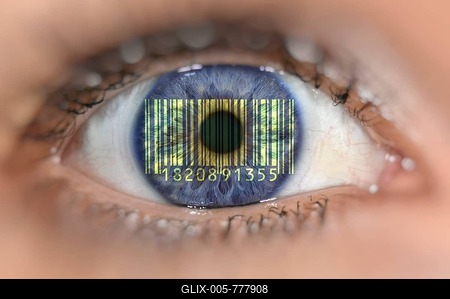 Detail of eye with barcode EAN, European Article Number, on iris, symbolic image, transparent customer-stock-foto
