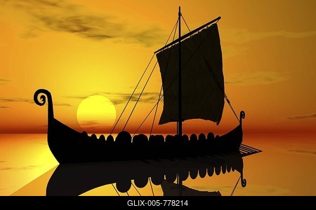 Viking ship, sunset, silhouette, 3D graphics-stock-foto