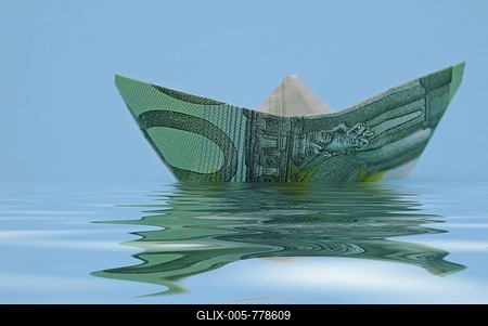 Paper boat folded from a euro banknote, symbolic image for a ship cruise or vacation pay-stock-foto