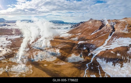 Aerial view, steaming river and fumaroles, geothermal area Hverarönd, also Hverir or Namaskard, North Iceland, Iceland-stock-foto