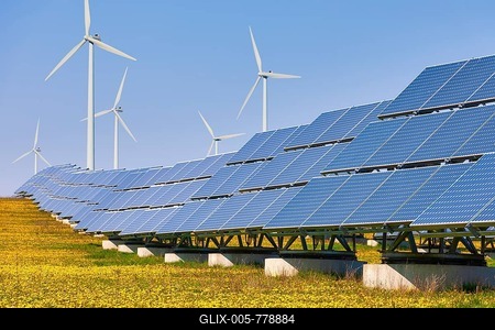 Digital Composing, solar park, photovoltaic outdoor installation, solar modules, solar power plant, wind power, wind turbines, Bavaria, Germany-stock-foto