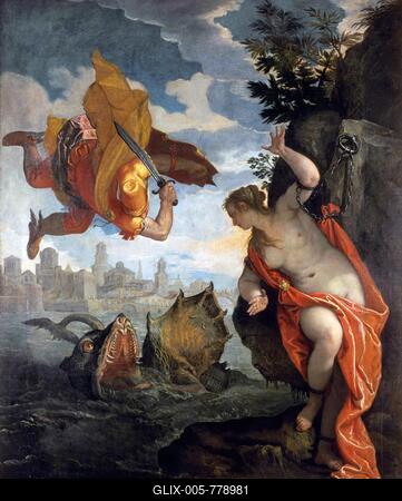 Andromeda, in Greek mythology the wife of Perseus and the daughter of the Ethiopian king Cepheus. To atone for her mother's hubris, Andromeda is to be offered as a human sacrifice to a sea monster of Poseidon and is chained to a rock, and freed by Perseus, Historical, digitally restored reproduction from a 19th century original-stock-foto