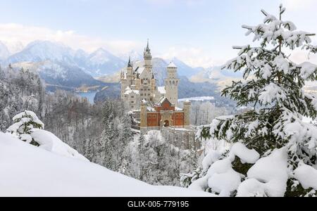 Neuschwanstein Castle, near Füssen, winter, snow, Ostallgäu, Allgäu, Bavaria, Germany-stock-foto