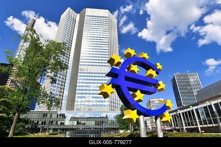 Frankfurt am Main, Germany, June 2020: Euro sign at European Central Bank headquarters skyscraper in modern financial business district in Frankfurt city-stock-foto