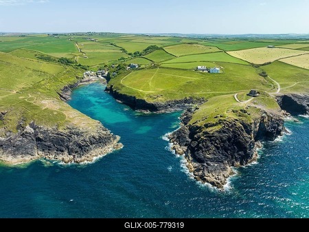 Aerial view of the hamlet of Port Quin near Port Isaac, North Cornwall, England, United Kingdom-stock-foto