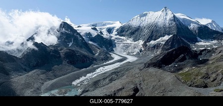 Aerial view, Alpine panorama, mountain landscape with glacier tongue and glacier lake, Glacier de Cheilon and summit Mont Blanc de Cheilon, Valais, Western Alps, Switzerland-stock-foto