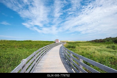 Wooden footbridge on dune trail, Greenwich Dunes Trail, Prince Edward Island, Canada-stock-foto