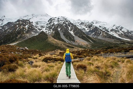 Hiker on trail in Hooker Valley, Mount Cook National Park, Southern Alps, Hooker Valley, Canterbury, South Island, New Zealand-stock-foto