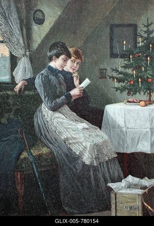 Christmas Eve in the attic, two women reading a letter in front of a Christmas tree, Germany, Historic, digitally restored reproduction of a 19th century original-stock-foto