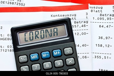 Digital Composing, Calculator with Corona lettering and bank statements, payments, symbol photo for the effects of the Coronavirus on the economy, Germany-stock-foto