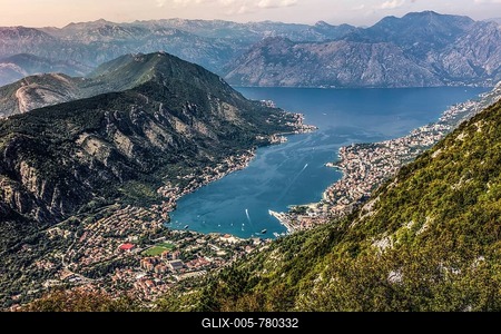 View of the Bay of Kotor, medieval town of Kotor with winding alleyways, rich in historical sights, Montenegro, Kotor, Montenegro-stock-foto