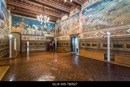 The Sala della Pace with the fresco cycle of the Good Government and the Bad Government, 1337-1339, painter Ambrogio Lorenzetti, Palazzo Pubblico, Siena, Tuscany, Italy-stock-foto