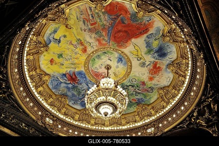 Interior, crystal chandelier and ceiling painting "Apollo with the lyre" by Marc Chagall in the dome, Salle de Spectacle auditorium, Opéra Palais Garnier opera, Paris, France, Europe-stock-foto