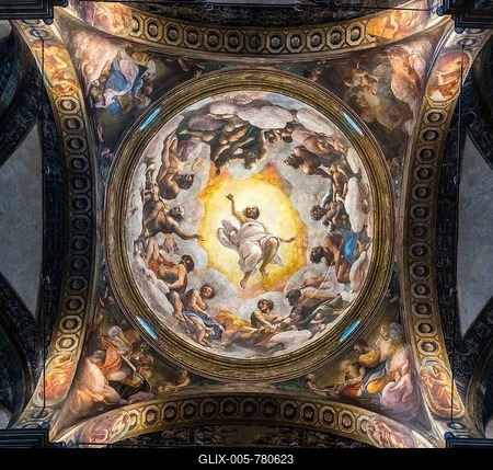 Ceiling fresco, vision of St. John in Patmos, Antonio Allegri or Antonio da Correggio, called Il Correggio, monastery San Giovanni Evangelista, Parma, Emilia-Romagna, Italy-stock-foto