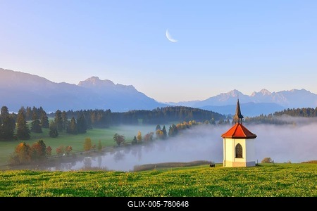 Chapel at Hegratsrieder See, lake, with moon, digital compising, near Fuessen, Allgaeu, Bavaria, Germany, Europe-stock-foto