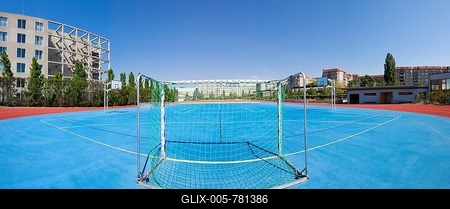 Panoramic view, football goal at the sports field of the Ministergaerten gardens, Berlin-Mitte, Berlin, Germany, Europe-stock-foto