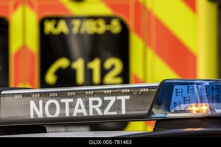 Ambulance, emergency doctor vehicle with blue light, symbol photo, Karlsruhe, Baden-Württemberg, Germany-stock-foto