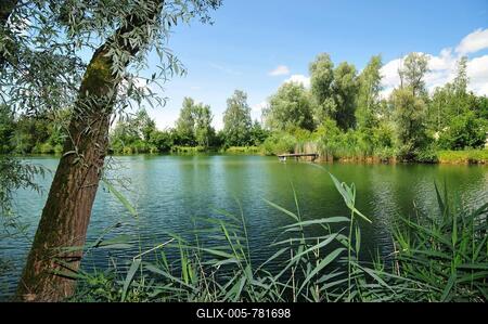Bathing pond (former gravel pit) near Sand in Swabia, Bavaria, Germany-stock-foto