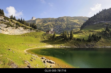 Evening light at Faelensee Lake, 1446 m, with Berggasthaus Bollenwees, a mountain guest house, in the Appenzell Alps, Canton of Appenzell Innerrhoden, Switzerland, Europe-stock-foto