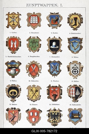 Old guild emblems, symbols of craft guilds, historical Chromotafel, coloured plate, Brockhaus Konversationslexikon, an encyclopaedia from 1908, Germany, Europe-stock-foto