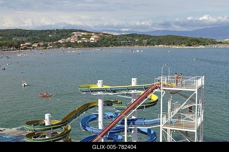 Water slide on San Marino beach, Lopar, Rab, Kvarner Gulf, Croatia-stock-foto